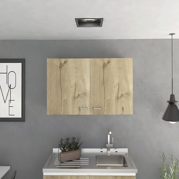 English Elm Wall Cabinet - Space-Saving Two-Door Design With Adjustable Shelves In White And Light Oak Finish B097133159-GIGA