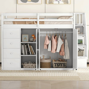 English Elm Full Size Pinewood Loft Bed with Wardrobe Staircase Storage and Open Shelving White White LT000524AAK
