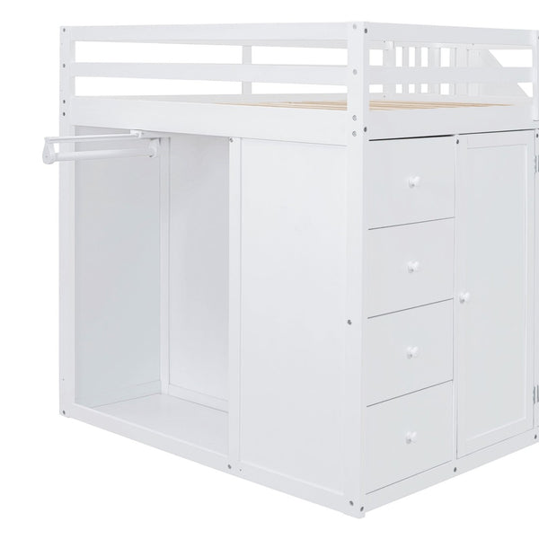 English Elm Full Size Pinewood Loft Bed with Wardrobe Staircase Storage and Open Shelving White LT000524AAK-1
