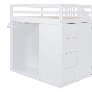 English Elm Full Size Pinewood Loft Bed with Wardrobe Staircase Storage and Open Shelving White White LT000524AAK