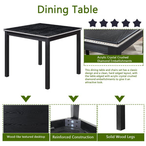 English Elm 5 Piece Wooden Dining Table Set - Elegant Square Table With Crystal Trim & 4 Upholstered Chairs, Black W1998S00041