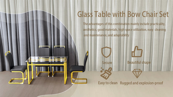 English Elm 51 Inch Glass Dining Table Set For 4 - Modern Rectangle Design With Gold Legs & Stylish Chairs W2189S00081