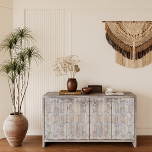English Elm Accent Farmhouse Sideboard with Fluted Doors Natural Wood Wash Finish Dining Storage W1435P151555