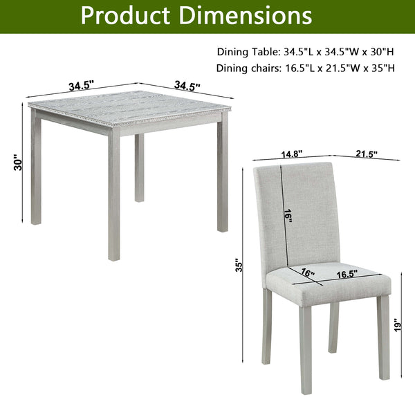 English Elm 5 Piece Wooden Dining Table Set - Elegant Square Table & 4 Upholstered Chairs In Silver Grey Finish W1998S00042
