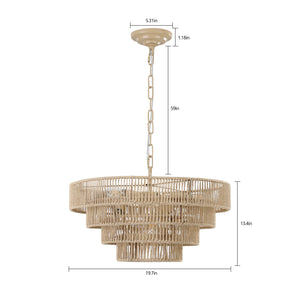 English Elm (Same As W1340P155976/L1019-4) 20" Boho Modern 4-Layer Woven Hemp Chandelier - Elegant Pendant Light Fixture W1340P206665