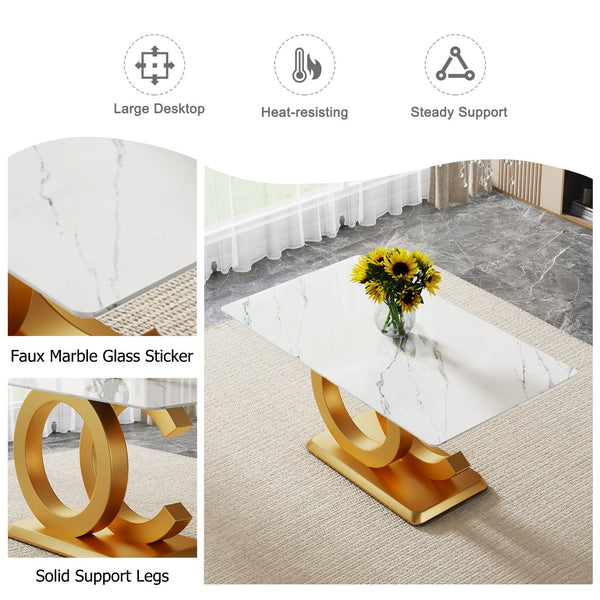 English Elm A Striking Modern Minimalist Rectangular Dining Table For 6-8 With Gold Base & Tempered Glass Top W1151S04361