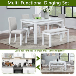 English Elm 6 Piece Wooden Dining Table Set - Elegant Rectangular Table With Upholstered Chairs & Bench For 6 W1998S00046