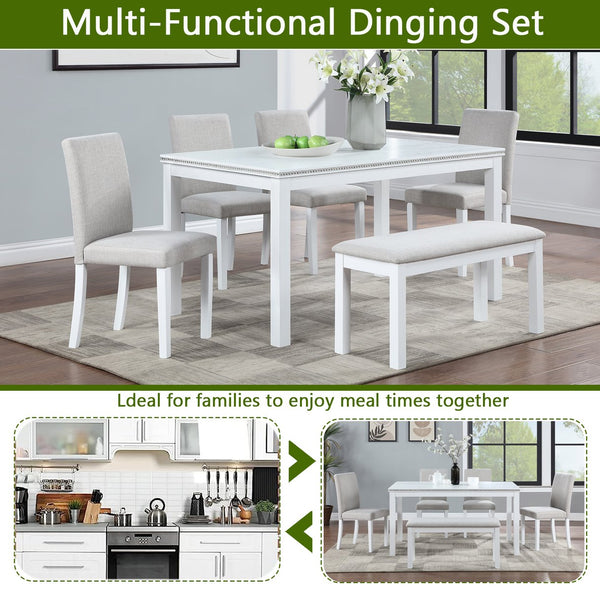 English Elm 6 Piece Wooden Dining Table Set - Elegant Rectangular Table With Upholstered Chairs & Bench For 6 W1998S00046