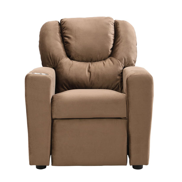 English Elm Kids Velvet Recliner Chair with Dual Cup Holders, Ergonomic Toddler Sofa, Durable 150lb Capacity, Brown W2297P164709