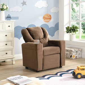 English Elm Kids Velvet Recliner Chair with Dual Cup Holders, Ergonomic Toddler Sofa, Durable 150lb Capacity, Brown W2297P164709
