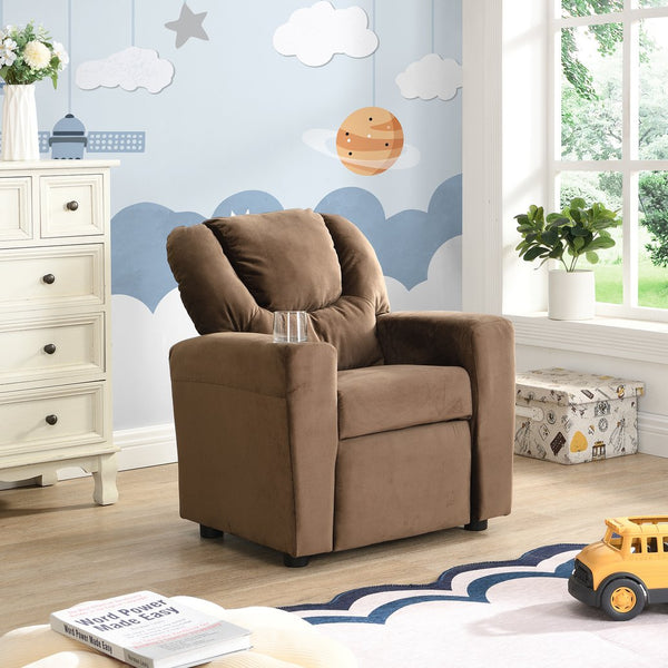 English Elm Kids Velvet Recliner Chair with Dual Cup Holders, Ergonomic Toddler Sofa, Durable 150lb Capacity, Brown W2297P164709