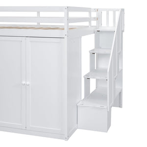 English Elm Full Size Pinewood Loft Bed with Wardrobe Staircase Storage and Open Shelving White White LT000524AAK