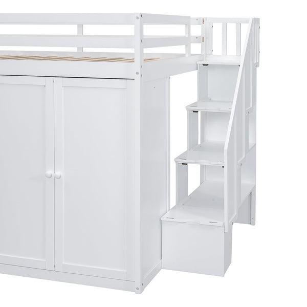 English Elm Full Size Pinewood Loft Bed with Wardrobe Staircase Storage and Open Shelving White White LT000524AAK