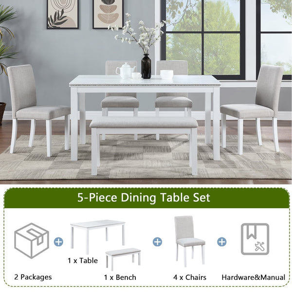 English Elm 6 Piece Wooden Dining Table Set - Elegant Rectangular Table With Upholstered Chairs & Bench For 6 W1998S00046
