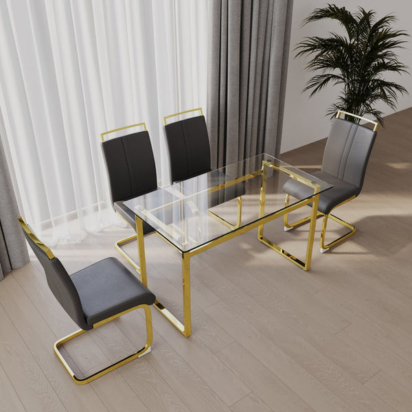 English Elm 51 Inch Glass Dining Table Set For 4 - Modern Rectangle Design With Gold Legs & Stylish Chairs W2189S00081