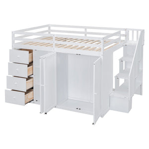 English Elm Full Size Pinewood Loft Bed with Wardrobe Staircase Storage and Open Shelving White LT000524AAK-1
