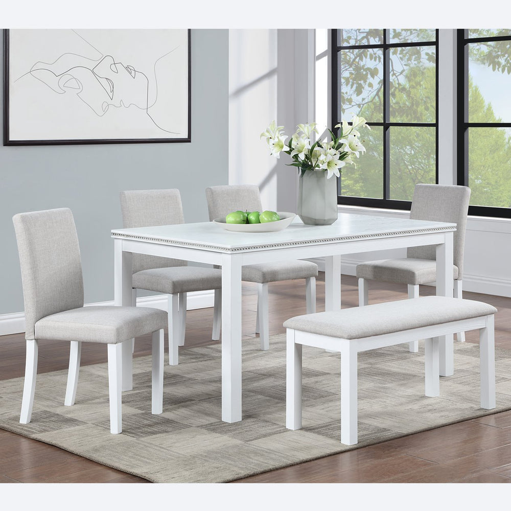 English Elm 6 Piece Wooden Dining Table Set - Elegant Rectangular Table With Upholstered Chairs & Bench For 6 W1998S00046
