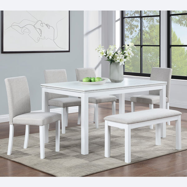 English Elm 6 Piece Wooden Dining Table Set - Elegant Rectangular Table With Upholstered Chairs & Bench For 6 W1998S00046