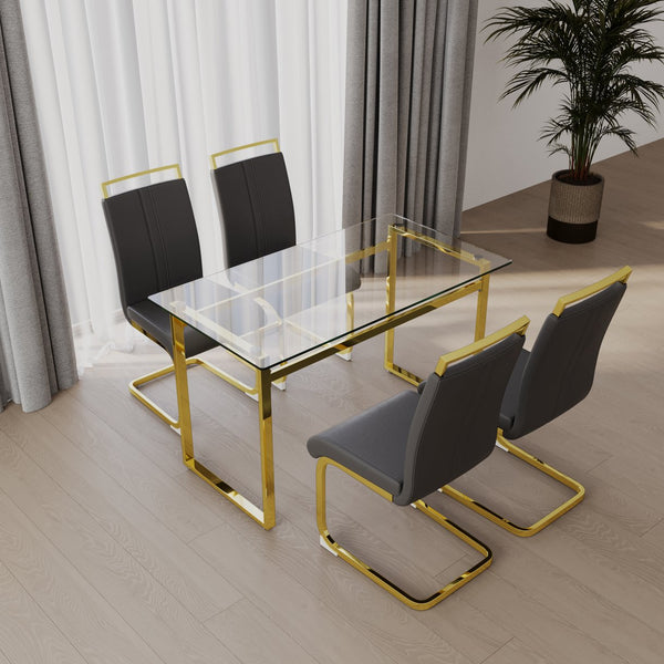 English Elm 51 Inch Glass Dining Table Set For 4 - Modern Rectangle Design With Gold Legs & Stylish Chairs W2189S00081