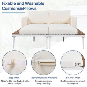 English Elm TOPMAX Modern Outdoor Daybed 2-in-1 Convertible Patio Chaise with Acacia Wood Side Tables, Washable Cushions, Sturdy Iron Frame Beige SP100013AAA