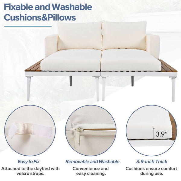 English Elm TOPMAX Modern Outdoor Daybed 2-in-1 Convertible Patio Chaise with Acacia Wood Side Tables, Washable Cushions, Sturdy Iron Frame Beige SP100013AAA