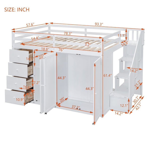 English Elm Full Size Pinewood Loft Bed with Wardrobe Staircase Storage and Open Shelving White LT000524AAK-1