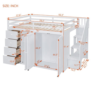 English Elm Full Size Pinewood Loft Bed with Wardrobe Staircase Storage and Open Shelving White White LT000524AAK