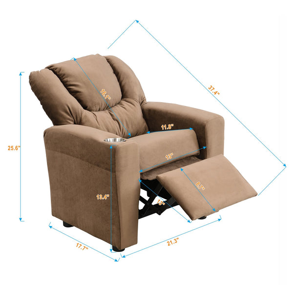 English Elm Kids Velvet Recliner Chair with Dual Cup Holders, Ergonomic Toddler Sofa, Durable 150lb Capacity, Brown W2297P164709