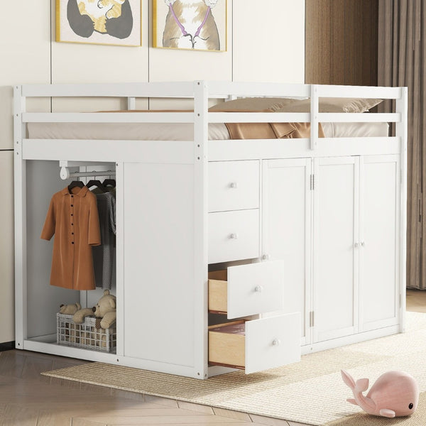 English Elm Full Size Pinewood Loft Bed with Wardrobe Staircase Storage and Open Shelving White White LT000524AAK