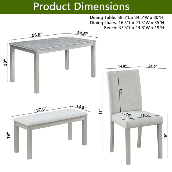 English Elm 6 Piece Wooden Dining Set For 6 - Elegant Silver Grey Table With 4 Cushioned Chairs & Bench W1998S00045
