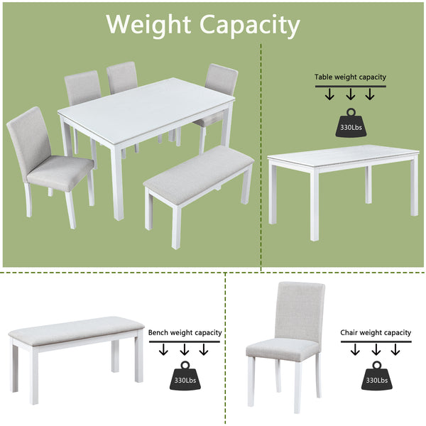 English Elm 6 Piece Wooden Dining Table Set - Elegant Rectangular Table With Upholstered Chairs & Bench For 6 W1998S00046