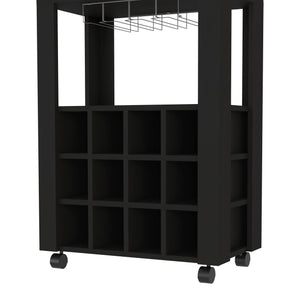 English Elm 39" Black Bar Coffee Cart with 12 Wine Racks, Open Shelf, Cup Holders & Drawer — Stylish Storage Centerpiece B097133083
