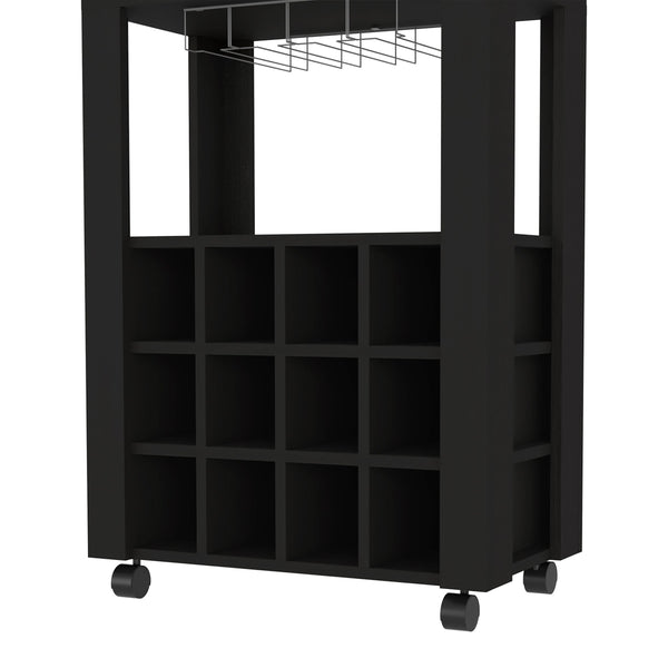 English Elm 39" Black Bar Coffee Cart with 12 Wine Racks, Open Shelf, Cup Holders & Drawer — Stylish Storage Centerpiece B097133083