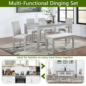 English Elm 6 Piece Wooden Dining Set For 6 - Elegant Silver Grey Table With 4 Cushioned Chairs & Bench W1998S00045