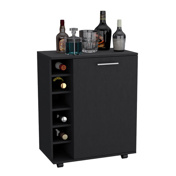 English Elm Bar Coffee Cart 32" H with Six-Bottle Rack, Rolling Cabinet Storage, Single-Door Shelf for Glasses and Snacks Black 33.85 L x 24.4 W x 5.51 H B097133387