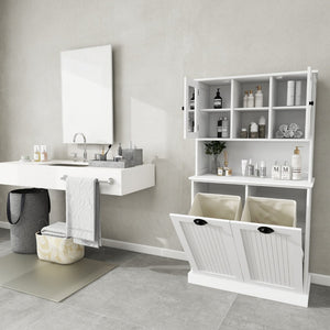 English Elm Two-compartment Tilt-out Laundry Cabinet Tall White Mdf Bathroom Storage with Shelves W1120S00001