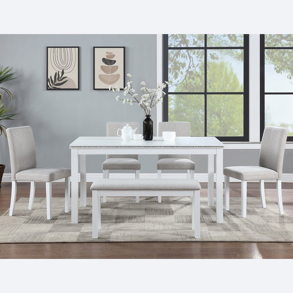 English Elm 6 Piece Wooden Dining Table Set - Elegant Rectangular Table With Upholstered Chairs & Bench For 6 W1998S00046