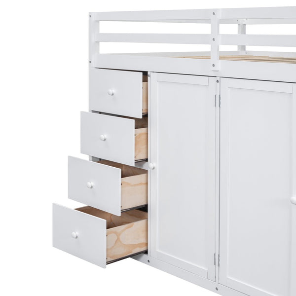 English Elm Full Size Pinewood Loft Bed with Wardrobe Staircase Storage and Open Shelving White LT000524AAK-1