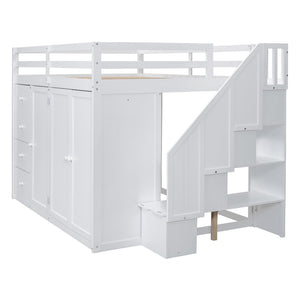 English Elm Full Size Pinewood Loft Bed with Wardrobe Staircase Storage and Open Shelving White LT000524AAK-1