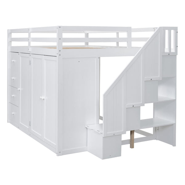 English Elm Full Size Pinewood Loft Bed with Wardrobe Staircase Storage and Open Shelving White LT000524AAK-1