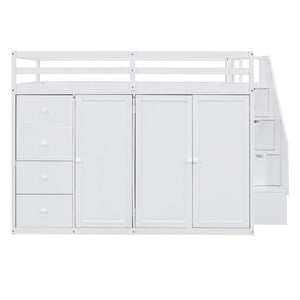 English Elm Full Size Pinewood Loft Bed with Wardrobe Staircase Storage and Open Shelving White LT000524AAK-1