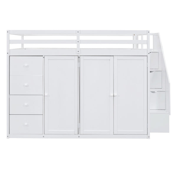 English Elm Full Size Pinewood Loft Bed with Wardrobe Staircase Storage and Open Shelving White LT000524AAK-1