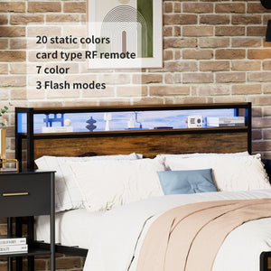 English Elm Queen Industrial Bed Frame with Led Headboard Shelf Charging Ports and Metal Slat Base W1903P151337