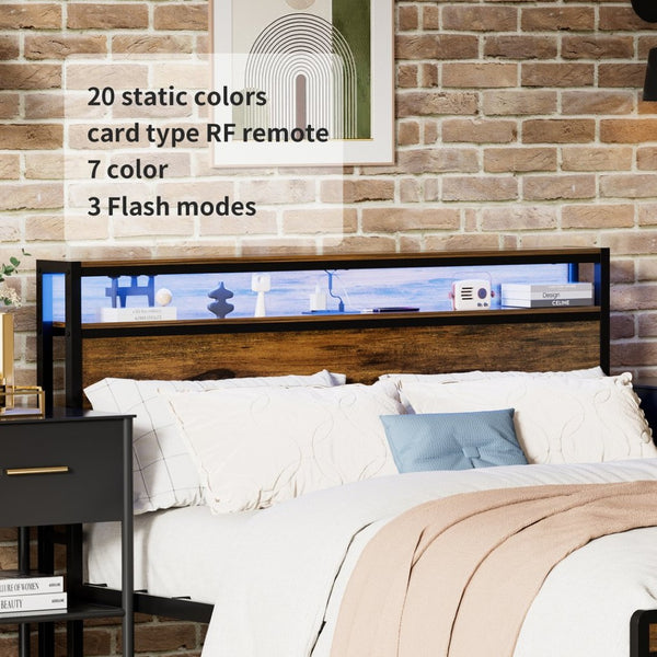 English Elm Queen Industrial Bed Frame with Led Headboard Shelf Charging Ports and Metal Slat Base W1903P151337