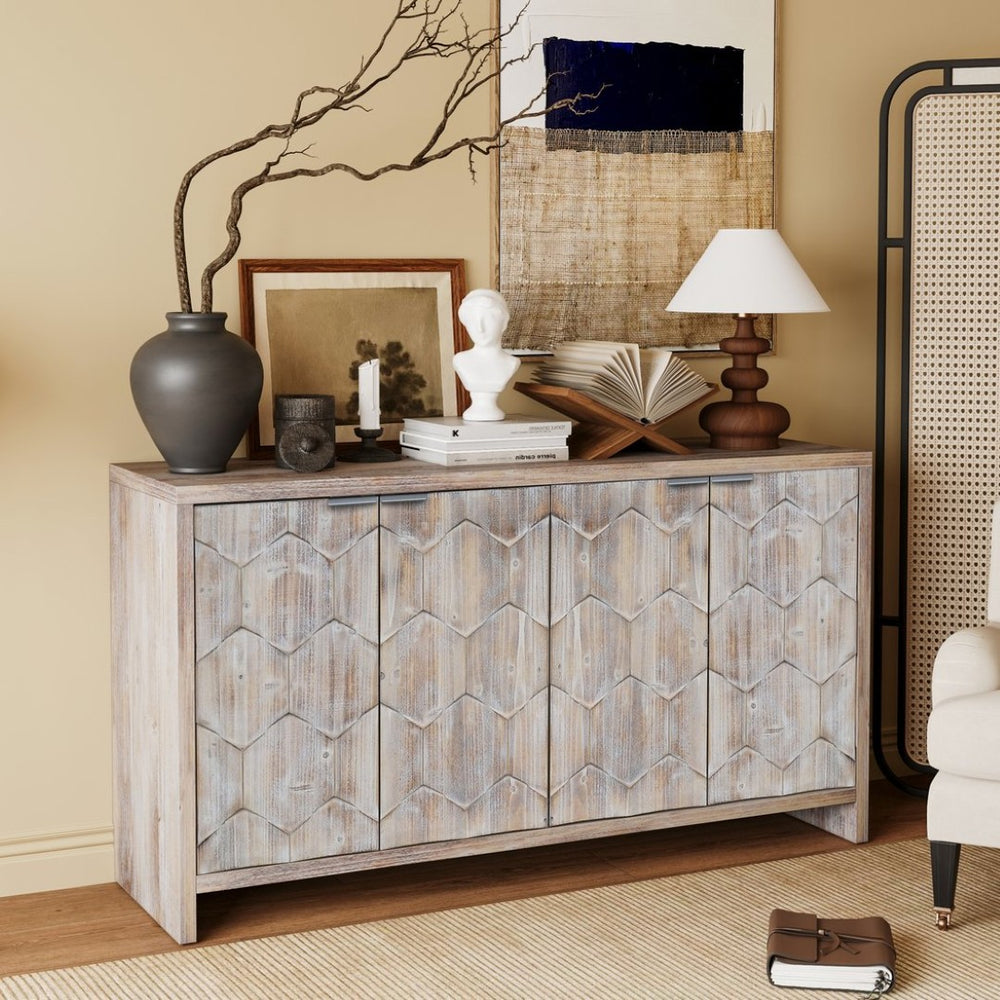 English Elm Accent Farmhouse Sideboard with Fluted Doors Natural Wood Wash Finish Dining Storage W1435P151555