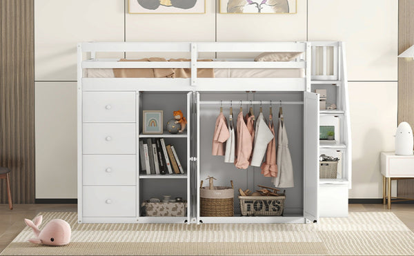 English Elm Full Size Pinewood Loft Bed with Wardrobe Staircase Storage and Open Shelving White LT000524AAK-1