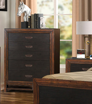 English Elm Five-Drawer Chest in Two-Tone Rustic Buckeye & Black Finish with Antique Brass Hardware, Ready-to-Use B108P163826