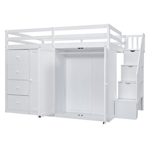 English Elm Full Size Pinewood Loft Bed with Wardrobe Staircase Storage and Open Shelving White LT000524AAK-1