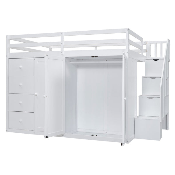 English Elm Full Size Pinewood Loft Bed with Wardrobe Staircase Storage and Open Shelving White LT000524AAK-1