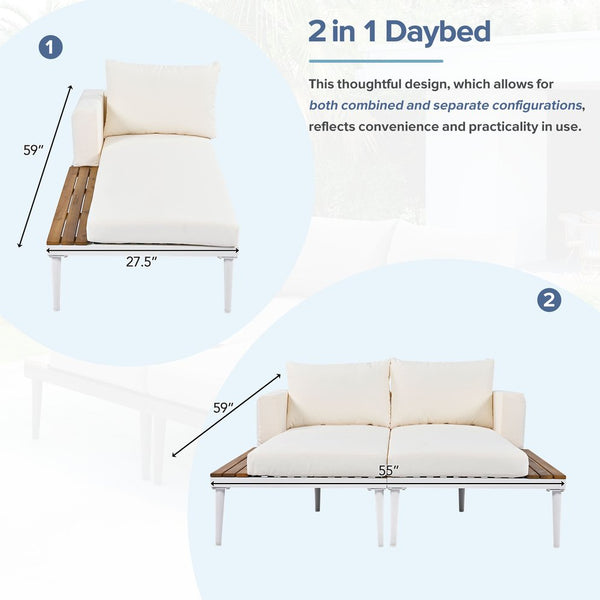 English Elm TOPMAX Modern Outdoor Daybed 2-in-1 Convertible Patio Chaise with Acacia Wood Side Tables, Washable Cushions, Sturdy Iron Frame Beige SP100013AAA
